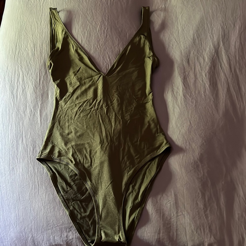 Topshop plunge shiny swimsuit in khaki